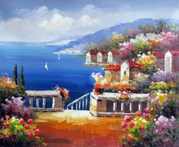 Landscape Painting, Wall Art, Canvas Painting, Heavy Texture Painting, Living Room Wall Art, Oil Painting, Wall Painting, Canvas Art, Italian Summer Resort-Paintingforhome