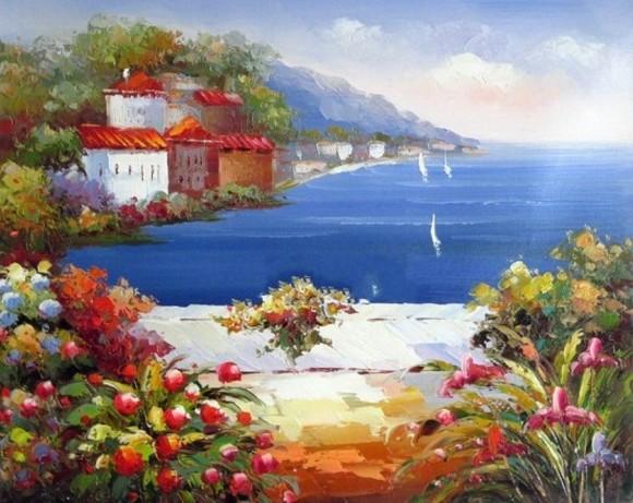 Mediterranean Sea Art, Canvas Painting, Landscape Painting, Wall Art, Abstract Painting, Bedroom Wall Art, Oil Painting, Canvas Wall Art, Seascape Art, Spain Summer Resort-Grace Painting Crafts