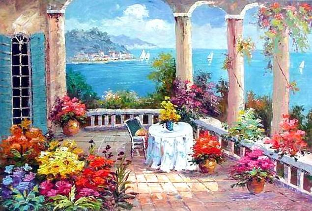 Canvas Painting, Landscape Painting, Mediterranean Sea Painting, Wall Art, Large Painting, Bedroom Wall Art, Oil Painting, Canvas Art, Seascape, Garden Art-Paintingforhome