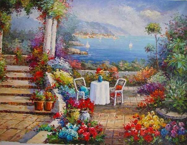 Landscape Painting, Wall Art, Canvas Painting, Heavy Texture Painting, Living Room Wall Art, Oil Painting, Wall Art Decor, Canvas Art, Italian Summer Resort-Paintingforhome