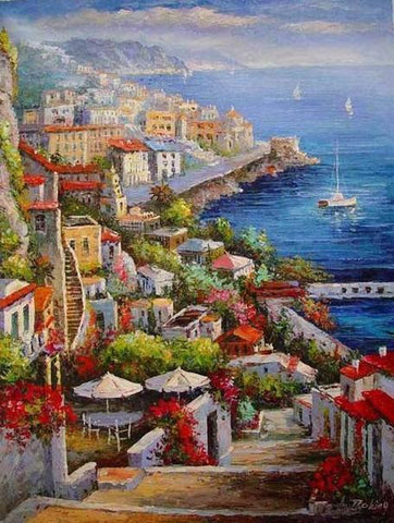 Landscape Painting, Wall Art, Large Painting, Mediterranean Sea Painting, Canvas Painting, Kitchen Wall Art, Oil Painting, Art on Canvas, Seashore Town, France Summer Resort-Paintingforhome