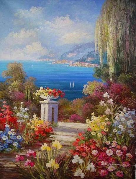 Landscape Painting, Summer Resort Painting, Wall Art, Mediterranean Sea Painting, Canvas Painting, Kitchen Wall Art, Oil Painting, Seascape, France Summer Resort-Paintingforhome