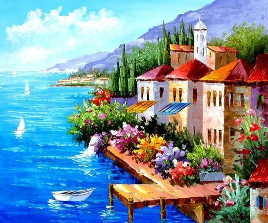 Landscape Painting, Mediterranean Sea Painting, Canvas Painting, Wall Art, Large Painting, Bedroom Wall Art, Oil Painting, Canvas Art, Boat Painting, Italy Summer Resort-Paintingforhome