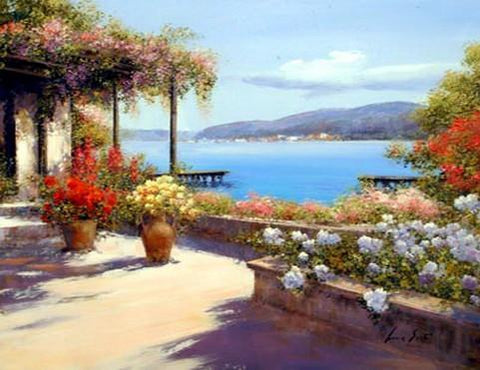 Landscape Painting, Wall Art, Large Painting, Mediterranean Sea Painting, Canvas Painting, Kitchen Wall Art, Oil Painting, Canvas Art, Seascape, France Summer Resort-Paintingforhome