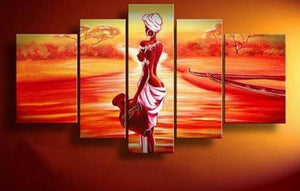 African Girl, Sunset Painting, Canvas Painting, African Woman Painting, 5 Piece Canvas Art, Abstract Wall Painting-Paintingforhome