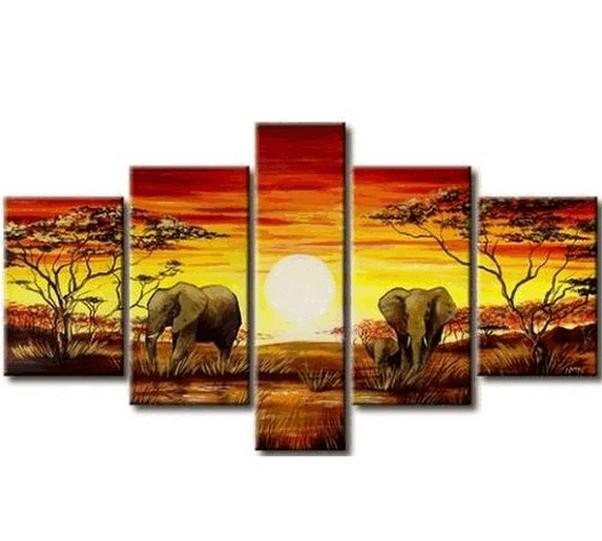 African Painting, Elephant Painting, Living Room Art, 5 Piece Wall Art, Living Room Wall Painting-Paintingforhome