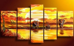 Elephant Painting, African Painting, Abstract Wall Art, Canvas Painting, Wall Art, Large Art, Abstract Painting, Living Room Art, 5 Piece Wall Art-Paintingforhome