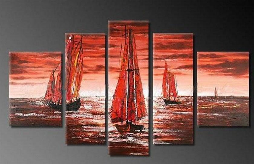 Sailing Boat Sea Sunset Art, Abstract Landscape Painting Artwork, Large Wall Decor For Home