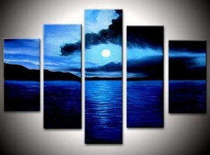 Large Canvas Art, Abstract Art, Canvas Painting, Abstract Painting, Bedroom Art Decor, 5 Piece Art, Canvas Art Painting, Moon Rising from Sea, Ready to Hang-Paintingforhome