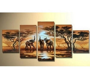 Large Canvas Art, Abstract Art, African Elephant Art, Canvas Painting, Abstract Painting, Living Room Art painting, 5 Piece Art, Modern Art-Paintingforhome