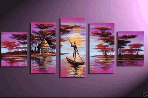 Large Canvas Art, 5 Piece Canvas Painting, Abstract Painting for Sale, African Woman Art, Boat at Lake River Art, Ready to Hang Painting-Paintingforhome