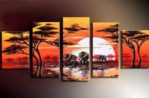 Large Canvas Art, Abstract Art, Canvas Painting, Abstract Painting, African Art, Elephant Sunset Art, Home Art, 5 Piece Wall Art, Landscape Art, Ready to Hang-Paintingforhome