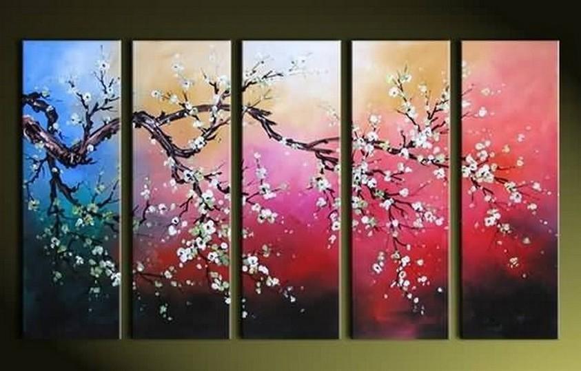 Plum Tree Painting, Flower Art, Abstract Painting, 5 Piece Wall Art, Huge Painting, Acrylic Art, Ready to Hang-Paintingforhome