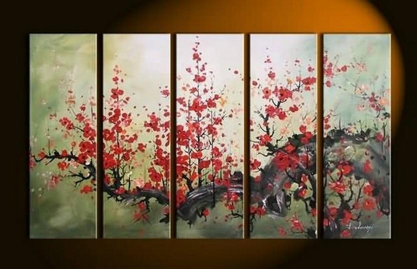 XL Canvas Art, Abstract Art, Abstract Painting, Flower Art, Canvas Painting, Plum Tree Painting, 5 Piece Wall Art, Huge Painting, Acrylic Art, Ready to Hang-Paintingforhome