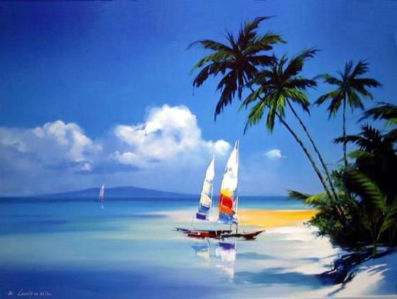 Hawaii Beach, Seashore Painting, Sail Boat Painting, Canvas Art, Canvas Painting, Oil Painting, Wall Art, Large Painting, Canvas Painting, Canvas Art-Paintingforhome