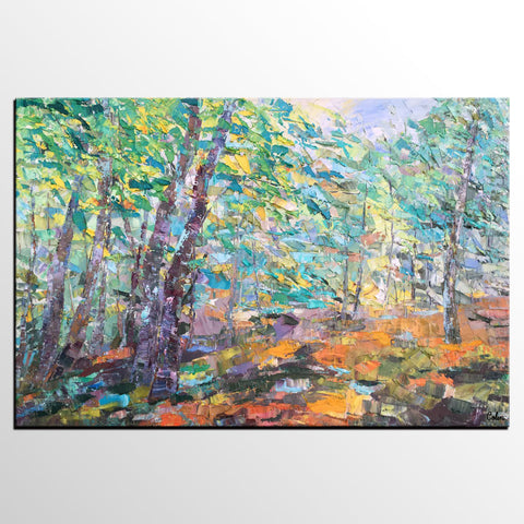 Autumn Forest Tree Painting, Landscape Canvas Painting, Impasto Paintings, Custom Large Painting for Bedroom, Original Landscape Painting-Paintingforhome
