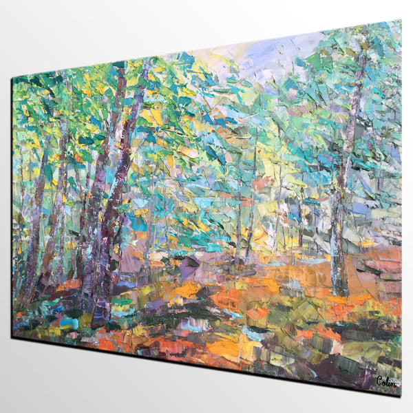 Autumn Forest Tree Painting, Landscape Canvas Painting, Impasto Paintings, Custom Large Painting for Bedroom, Original Landscape Painting-Paintingforhome