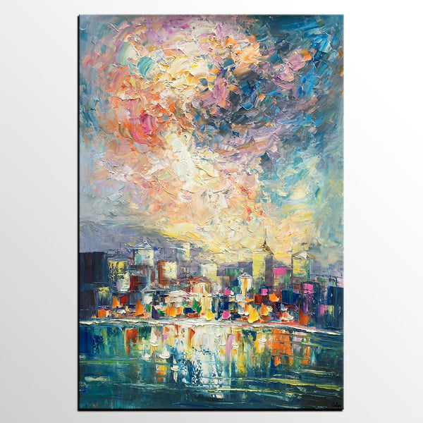 Abstract Landscape Painting, Heavy Texture Wall Art Paintings, Custom Original Paintings on Canvas, Cityscape Painting-Paintingforhome