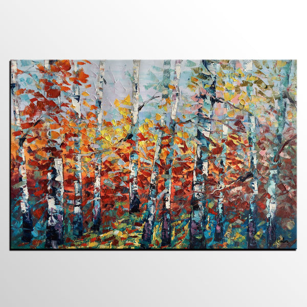 Landscape Painting, Autumn Forest Tree Painting, Canvas Wall Art, Custom Extra Large Art, Abstract Oil Painting, Original Painting-Paintingforhome