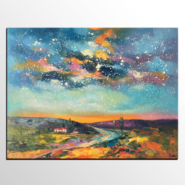 Custom Large Landscape Painting, Starry Night Sky Painting, Living Room Wall Art, Canvas Painting, Impasto Art, Oil Painting-Paintingforhome