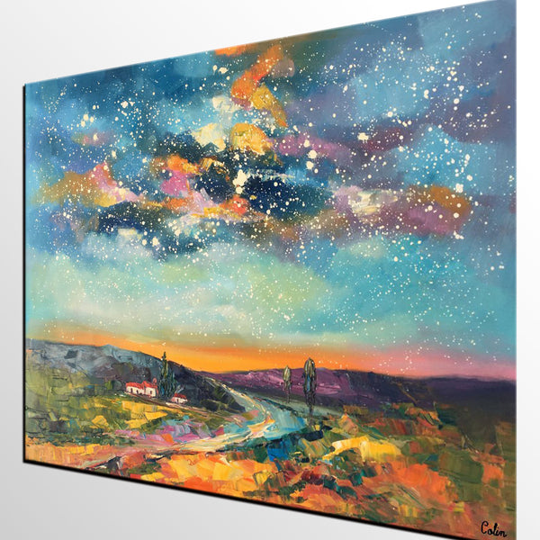 Custom Large Landscape Painting, Starry Night Sky Painting, Living Room Wall Art, Canvas Painting, Impasto Art, Oil Painting-Paintingforhome