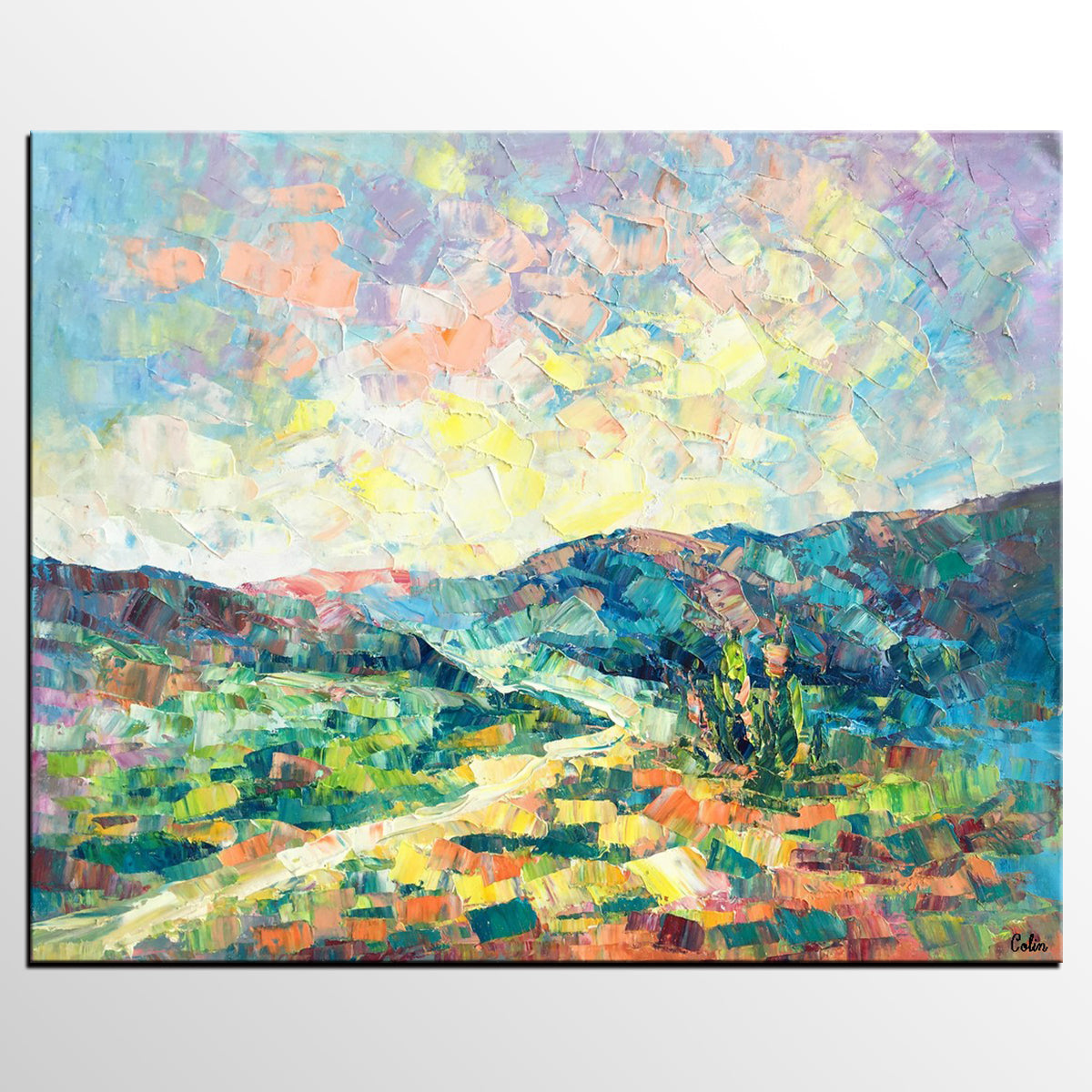 Canvas Painting, Heavy Texture Artwork, Spring Mountain Painting, Custom Landscape Oil Painting-Paintingforhome
