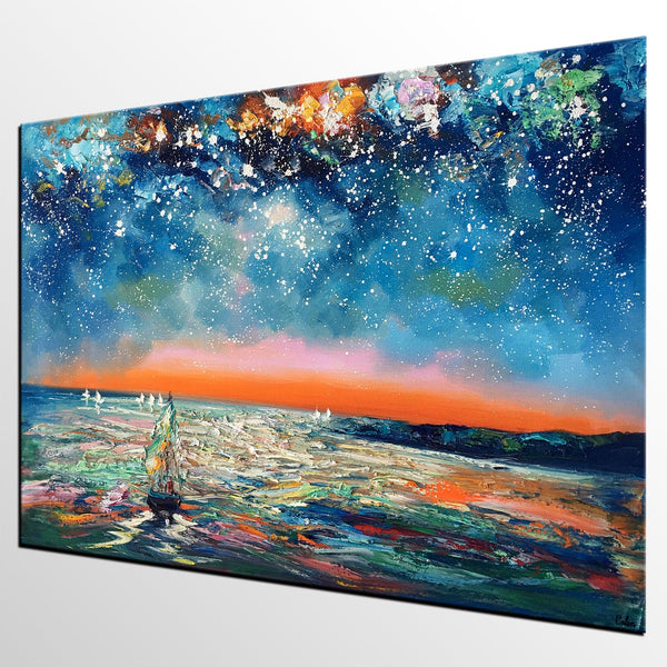 Canvas Painting Landscape, Oil Painting on Canvas, Sail Boat under Starry Night Sky Painting, Custom Art, Landscape Painting for Living Room-Paintingforhome