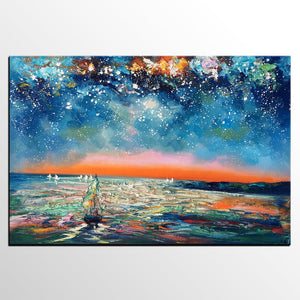 Canvas Painting Landscape, Oil Painting on Canvas, Sail Boat under Starry Night Sky Painting, Custom Art, Landscape Painting for Living Room-Paintingforhome