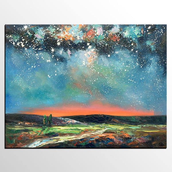 Landscape Canvas Painting, Starry Night Sky Painting, Hand Painted Canvas Art Painting, Landscape Painting for Bedroom, Custom Canvas Painting for Sale-Paintingforhome