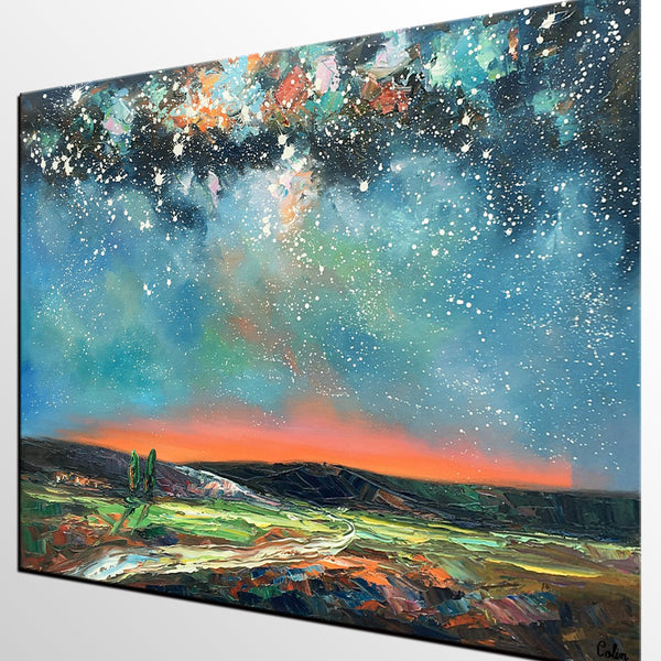 Landscape Canvas Painting, Starry Night Sky Painting, Hand Painted Canvas Art Painting, Landscape Painting for Bedroom, Custom Canvas Painting for Sale-Paintingforhome