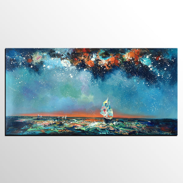 Custom Extra Large Wall Art, Office Painting, Sail Boat under Starry Night Painting, Seascape Painting, Original Artwork-Paintingforhome