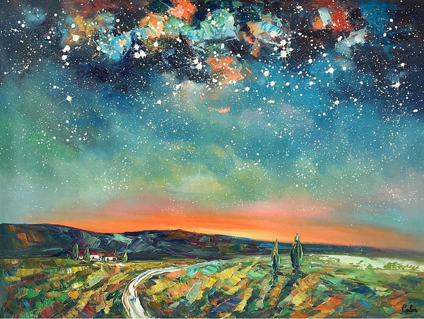 Abstract Landscape Oil Painting, Starry Night Sky Painting, Custom Large Canvas Painting, Heavy Texture Painting-Paintingforhome
