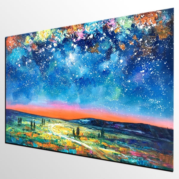 Landscape Oil Paintings, Starry Night Sky Painting, Custom Artwork, Heavy Texture Oil Painting, Landscape Painting for Living Room-Paintingforhome