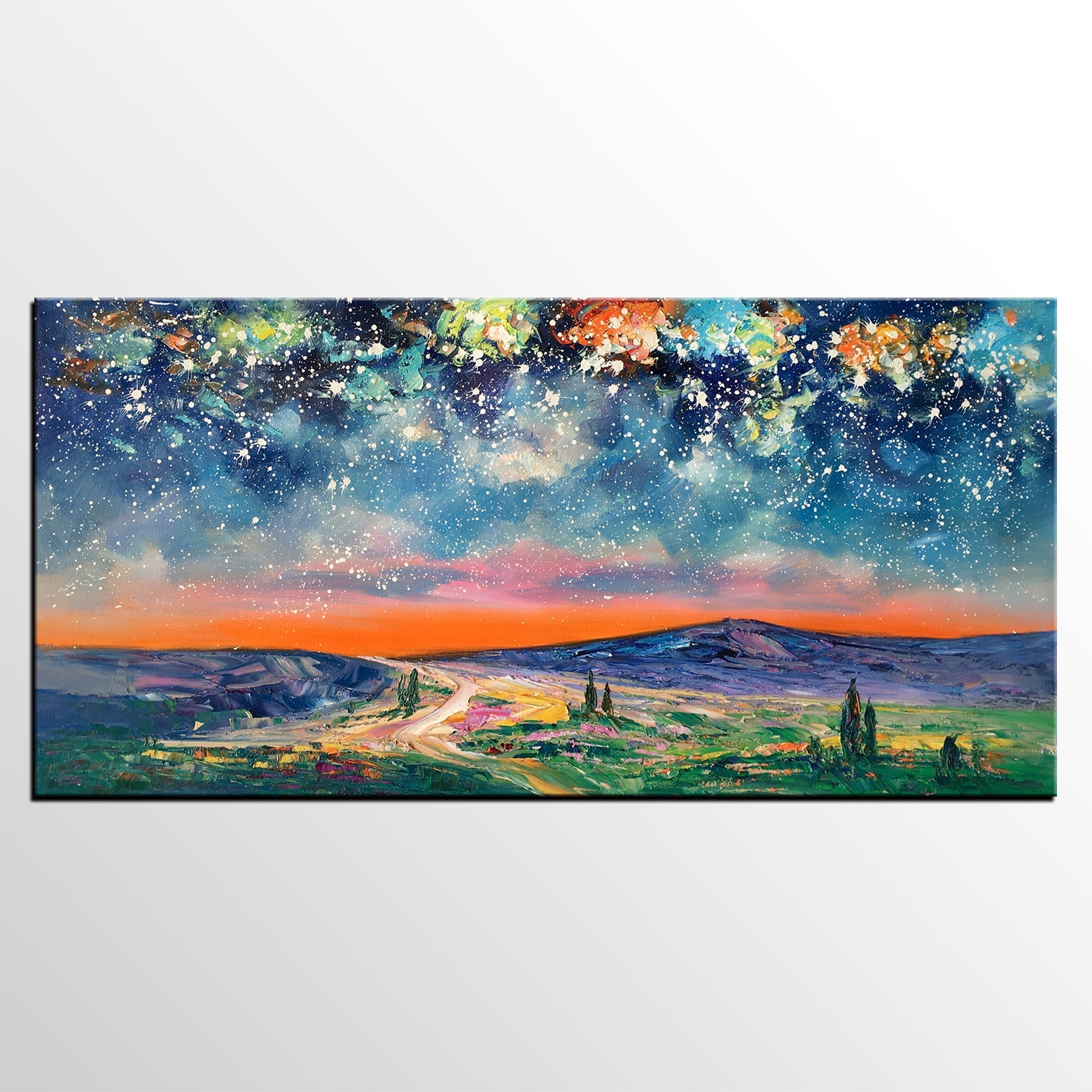 Landscape Oil Painting, Starry Night Sky Painting, Bedroom Wall Art Paintings, Custom Original Painting on Canvas-Paintingforhome