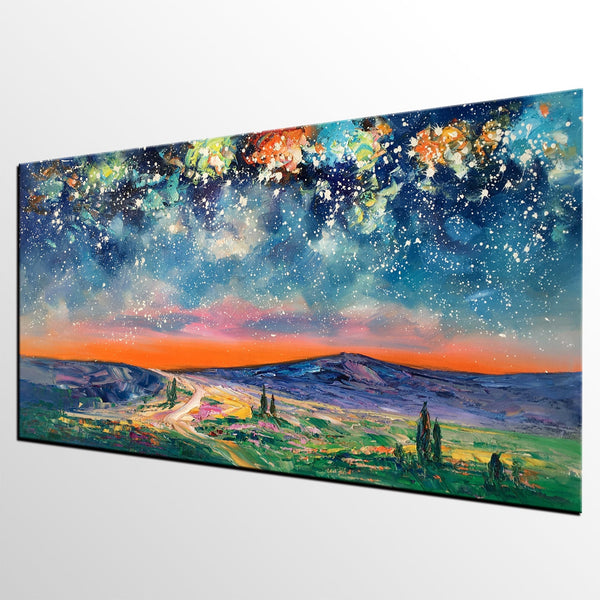 Landscape Oil Painting, Starry Night Sky Painting, Bedroom Wall Art Paintings, Custom Original Painting on Canvas-Paintingforhome