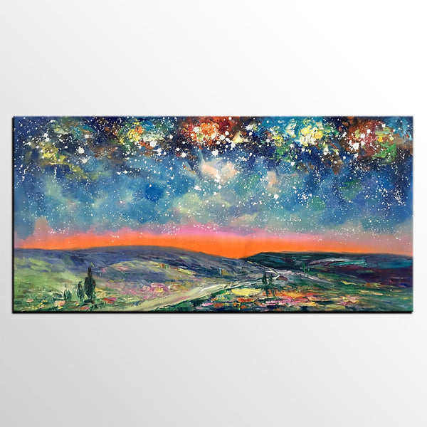 Starry Night Sky Painting, Custom Extra Large Painting, Original Landscape Painting, Canvas Painting for Dining Room-Paintingforhome
