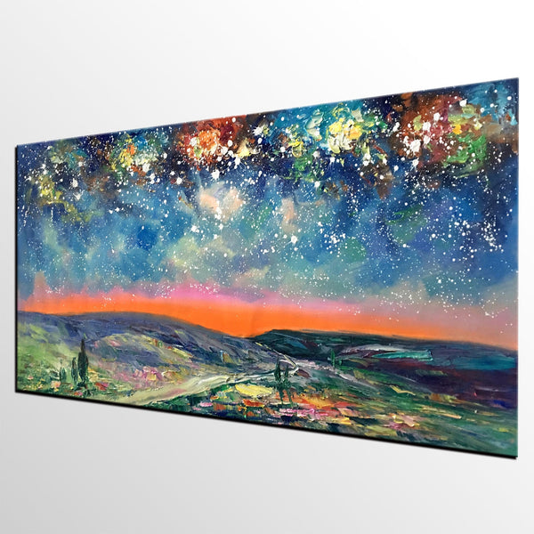 Starry Night Sky Painting, Custom Extra Large Painting, Original Landscape Painting, Canvas Painting for Dining Room-Paintingforhome