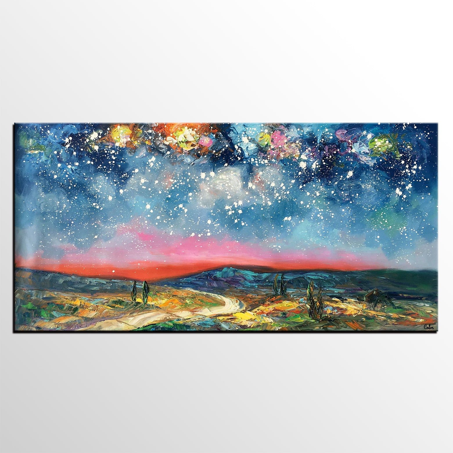 Custom Extra Large Painting, Starry Night Sky Painting, Original Landscape Painting, Canvas Painting for Dining Room-Paintingforhome