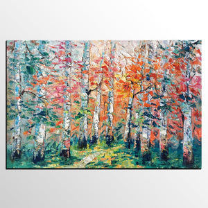 Abstract Landscape Painting, Custom Canvas Painting for Living Room, Heavy Texture Canvas Painting, Autumn Birch Tree-Paintingforhome