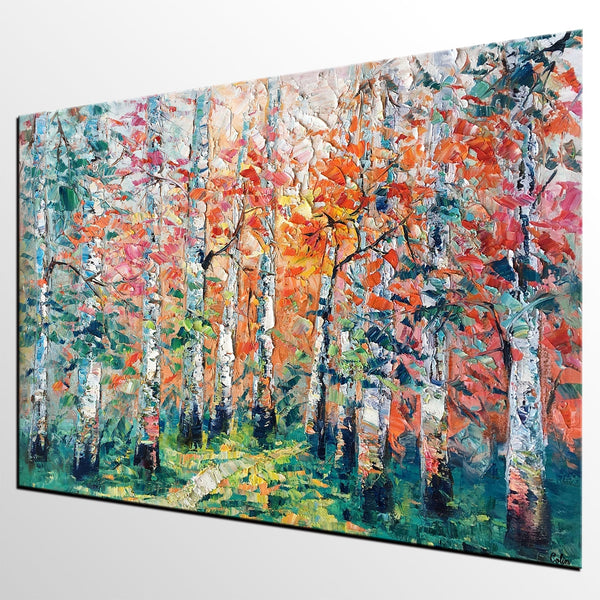 Abstract Landscape Painting, Custom Canvas Painting for Living Room, Heavy Texture Canvas Painting, Autumn Birch Tree-Paintingforhome
