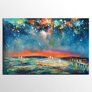 Buy Art Online, Abstract Art for Sale, Sail Boat under Starry Night Sky Painting, Custom Art-Paintingforhome