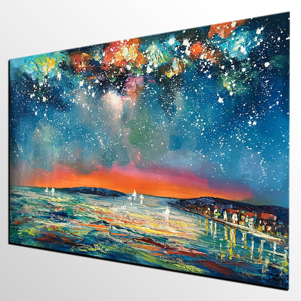 Buy Art Online, Abstract Art for Sale, Sail Boat under Starry Night Sky Painting, Custom Art-Paintingforhome