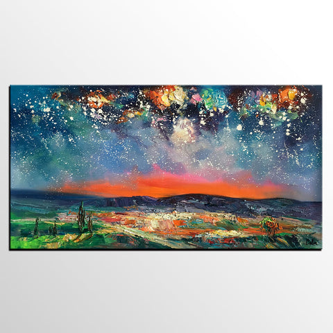 Canvas Painting for Dining Room, Custom Extra Large Painting, Starry Night Sky Painting, Original Landscape Painting-Paintingforhome