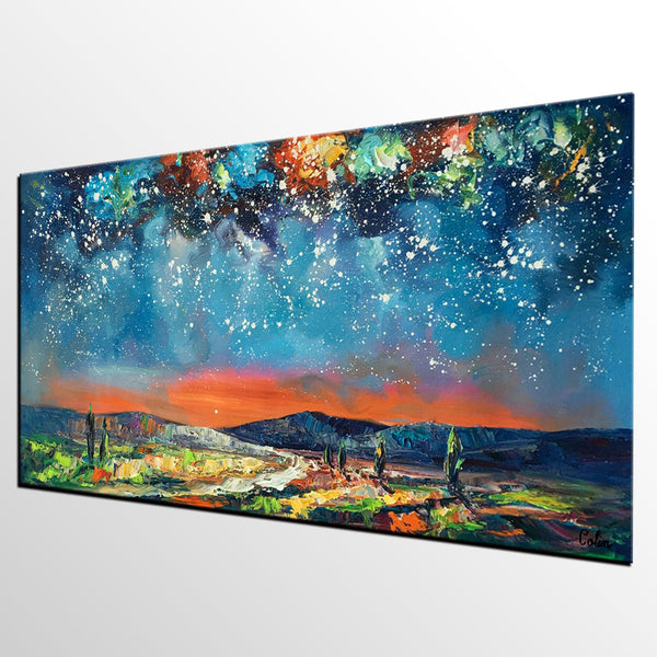 Canvas Painting for Bedroom, Starry Night Sky Painting, Custom Landscape Painting-Paintingforhome