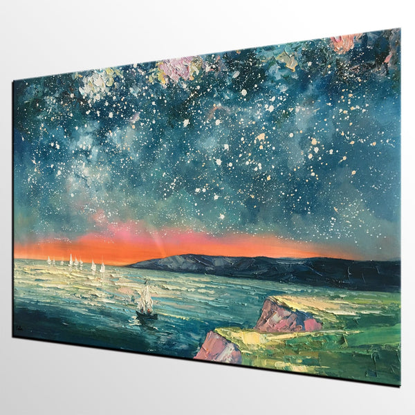Heavy Texture Painting, Landscape Oil Painting, Starry Night Sky Painting, Custom Large Canvas Painting-Paintingforhome