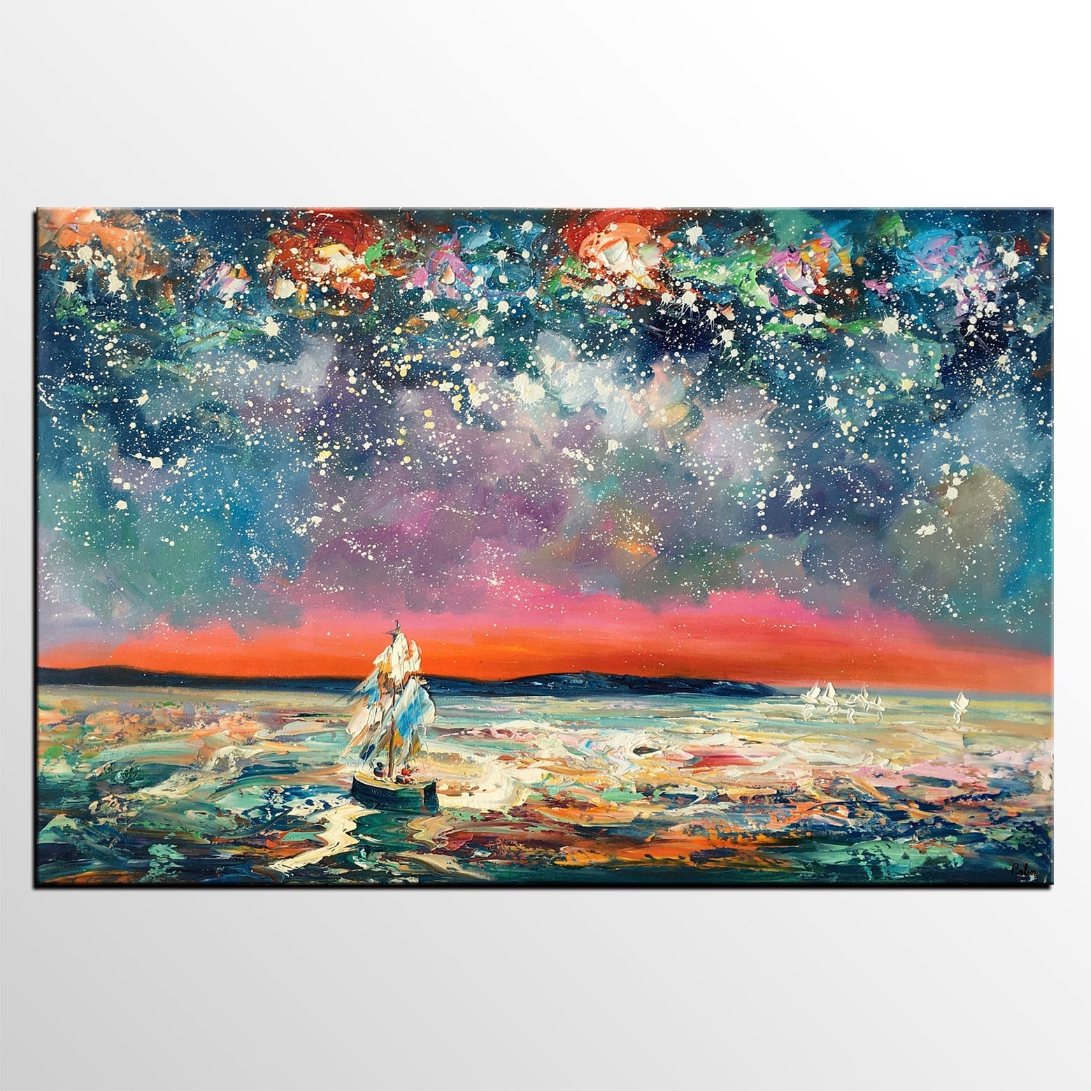 Landscape Canvas Painting, Sail Boat under Starry Night Sky, Canvas Painting for Sale, Custom Landscape Wall Art Paintings, Original Landscape Painting-Paintingforhome