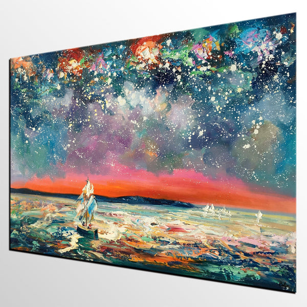 Landscape Canvas Painting, Sail Boat under Starry Night Sky, Canvas Painting for Sale, Custom Landscape Wall Art Paintings, Original Landscape Painting-Paintingforhome