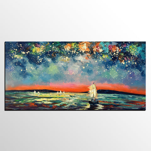 Sail Boat under Starry Night Sky Painting, Landscape Painting, Original Artwork, Custom Extra Large Canvas Painting-Paintingforhome