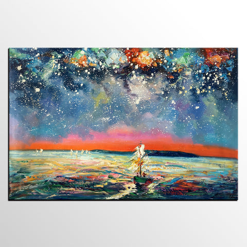 Canvas Painting, Abstract Art, Sail Boat under Starry Night Sky, Custom Landscape Wall Art, Original Painting-Paintingforhome