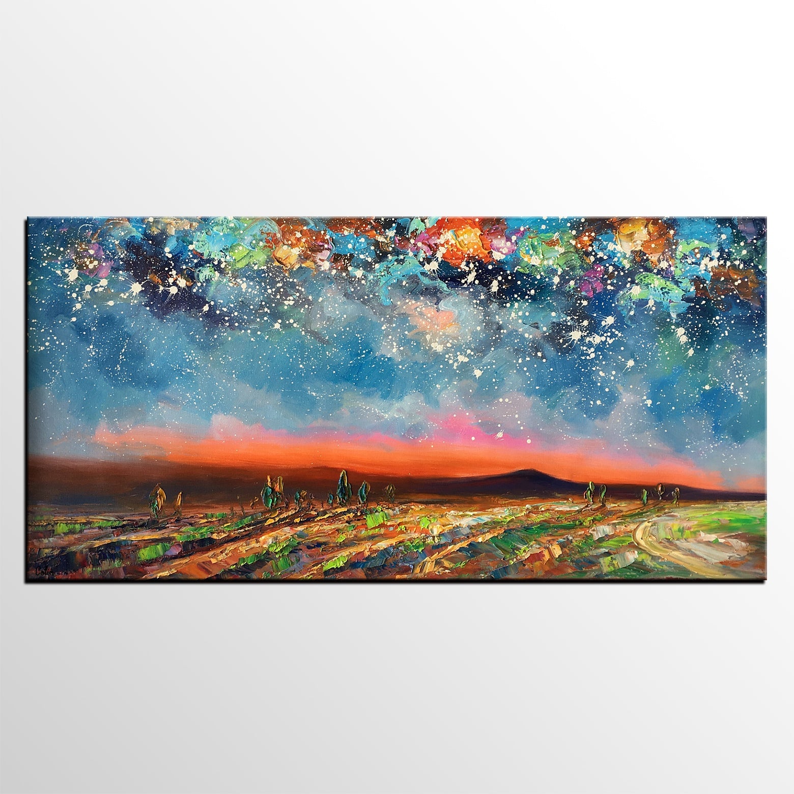 Starry Night Sky Painting, Custom Landscape Painting, Canvas Painting for Bedroom-Paintingforhome